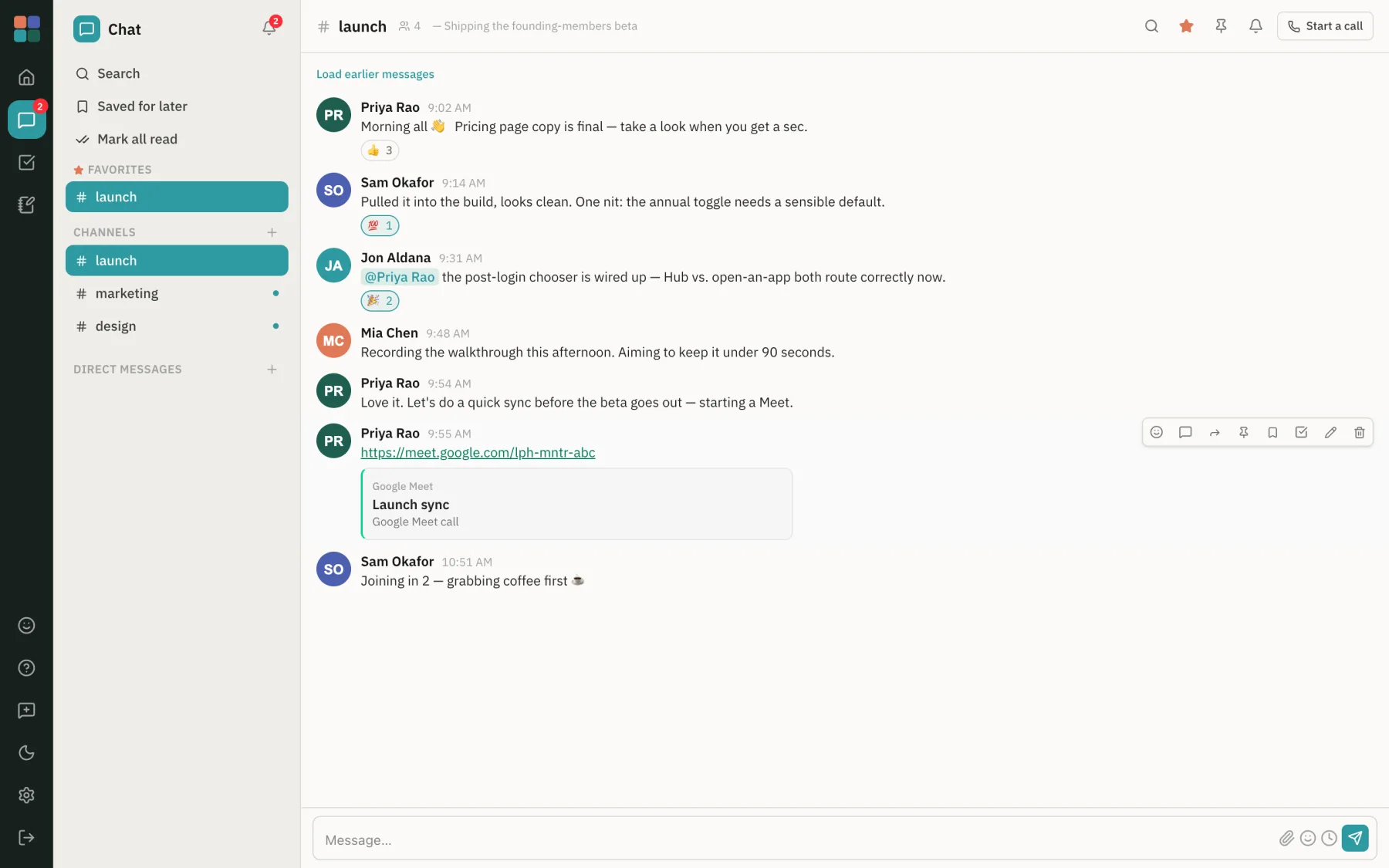 Montar Chat showing the #launch channel with a team thread from Priya, Sam, Jon and Mia — a mention, emoji reactions, and a Google Meet link.